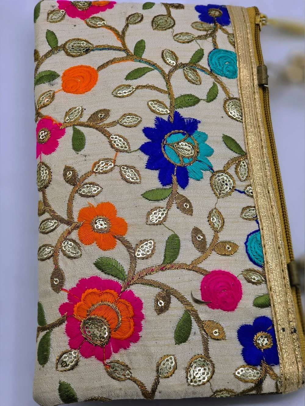 Hand-Embroidered Phulkari Floral Silk Clutch Bag | Boho Ethnic Wedding Gold